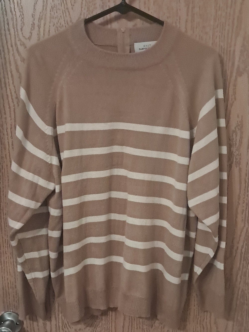 Knit Crewneck Sweater in Tan with Cream Stripes XL